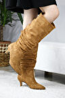 Kadın OSLO Topuklu Büzgülü Şık Tarz Günlük Rahat Çizme  Taba