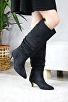 Kadın OSLO Topuklu Büzgülü Şık Tarz Günlük Rahat Çizme  Siyah Süet