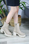 Kadın Leysi 8 Cm Platformlu Topuklu Fermuarlı Bot  Bej Süet