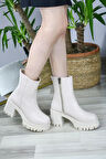Kadın Leysi 8 Cm Platformlu Topuklu Fermuarlı Bot  Krem