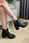 Kadın Hana Siyah Cilt Uzun Toka ( 6 cm ) Topuklu Oval Burun Bot