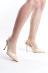 Kadın Soci Krem Rugan 9 Cm İnce Topuklu Sivri Burunlu Arkası Acık Tasarım Stiletto