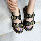 Kadın Simya Siyah Çift Bantlı Kapsül Detaylı Kalın Taban Ortopedik Sandalet  Siyah