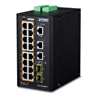 Endüstriyel Tip Yönetilebilir Ethernet Switch (Industrial Managed Ethernet Switch)
16-Port 10/100/1000Base-TX IEEE 802.3at/af PoE+ Injector (Port başına 30.8 watt) (PoE Güç Bütçesi maks. 320 watt)
2-Port 10/100/1000Base-TX RJ-45