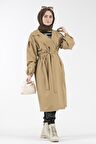 Kruvaze Yaka Bel Kuşaklı Lidya Tesettür Trençkot -Camel