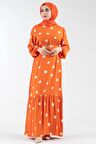 Kaplama Kemerli Puantiyeli Viscon Elbise-Turuncu
