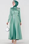 Önü Taş Baskılı Saten Abiye-Mint Yeşili