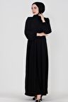 Kapalı V Yaka Robalı Geniş Kesim Tesettür Elbise -Siyah