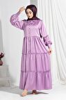 Yarım Gömlek Model Balon Kol İzabella Saten Tesettür Elbise -Lİla