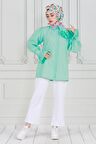 Gül Broşlu Kolu Fırfırlı Tunik-Yeşil