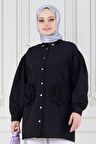 Önü Gül Detaylı Tunik-Siyah