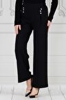 Pile Detaylı Üç Düğmeli Pantolon-Siyah