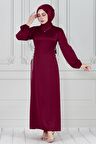 Bağcığı Taş Detaylı Saten Abiye-Bordo