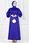 Arkadan Bağlamalı Kolu Düğmeli Saten Abiye-Saks Mavi