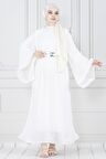 Piliseli Kolu Volanlı Diva Şifon Elbise-Beyaz