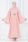 Piliseli Kolu Volanlı Diva Şifon Elbise-Pudra