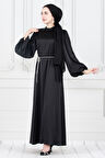 Balon Kol Bel İpi Taş Detaylı Ece Abiye-Siyah
