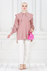 Büyük Yaka Kolu Büzgü Detaylı Tunik-Pudra