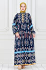 Yarım Düğmeli Robalı İkat Desen Elbise-Lacivert
