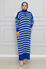 Polo Yaka Çizgili Triko Elbise-Saks Mavi
