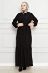 Önden Düğmeli Bürümcük Elbise-Siyah