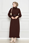 Balıkçı Yaka Kemerli Elbise-Kahverengi