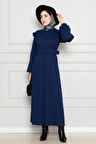 Omuzu Fırfır Kemerli Elbise-Lacivert