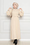 Omuzu Fırfır Kemerli Elbise-Bej