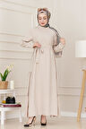 Yanı Fermuar Detaylı Tesettür Elbise-Bej