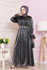Kolu Volanlı Nakış Detaylı Abiye-Antrasit