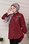 Önü İnci Taş İşlemeli Tunik-Bordo