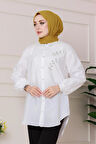 Önü İnci Taş İşlemeli Tunik-Beyaz