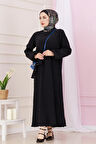 Beli Kuşaklı Luna Tesettür Elbise-Siyah