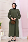 Beli Kuşaklı Luna Tesettür Elbise-Haki