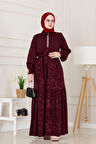 Yakası Taşlı Jakar Saten Abiye Elbise-Bordo