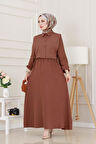 Yanları Bağlamalı Elbiseli Takım-Kahverengi