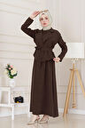 Tensel Yelekli Asel Elbise-Kahverengi