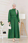 Kolu Volanlı Kemerli Henna Elbise-Yeşil