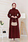 Gömlek Yaka Beli Tünelli Sare Elbise-Bordo