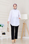 Önü Fiyonk Detaylı Keten Tunik-Beyaz