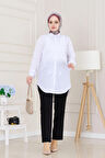 Önü Fiyonk Detaylı Keten Tunik-Beyaz