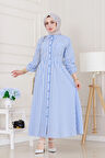 Çizgili Cepli Tesettür Elbise-Mavi
