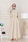 Cepken Detaylı Fermuarlı Elbise Takım-Bej