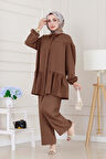 Eteği Volanlı Tunik Takım-Kahverengi