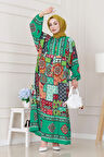 Yarım Düğmeli Robalı Yama Desen Elbise-Yeşil