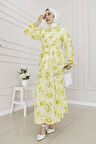 Yarım Düğmeli Lotus Elbise-Sarı