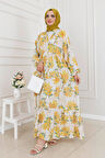 Mimoza Desenli Yarım Düğmeli Robalı Elbise-Sarı
