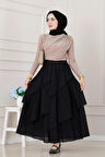 Katlı Botto Vual Etek-Siyah