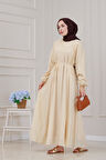Beli Bağcıklı Pera Elbise-Krem