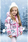 Kız Çocuk Polarlı Kürklü Kapüşonlu Şeker Desenli Kışlık Şişme Mont & Kaban & Parka